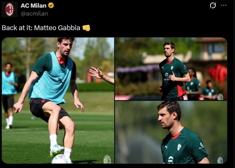 亚博体育官网-米兰官方晒照，自2月底以来一直因伤缺阵的加比亚回归合练